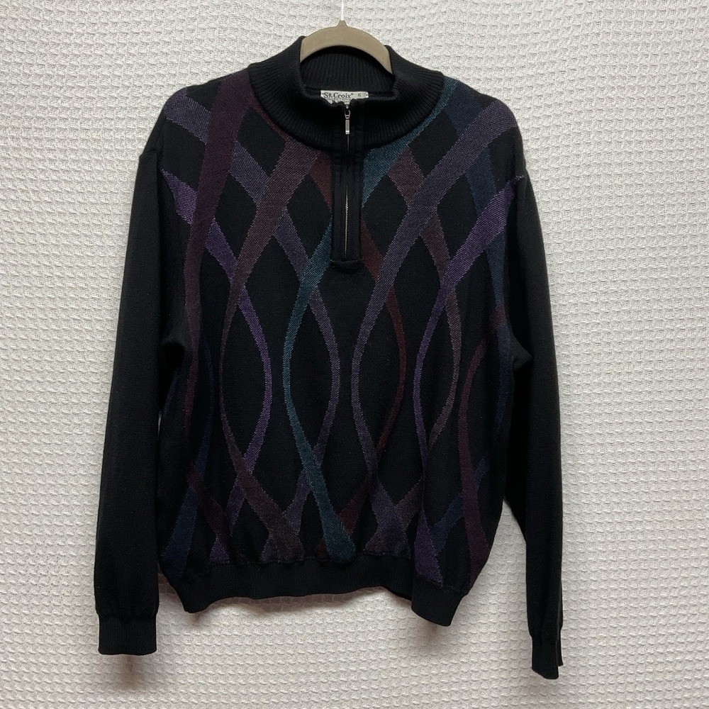 Vintage St Croix Sweater XL 80s Mens Half Zip Wool Blend Sweater Geometric USA